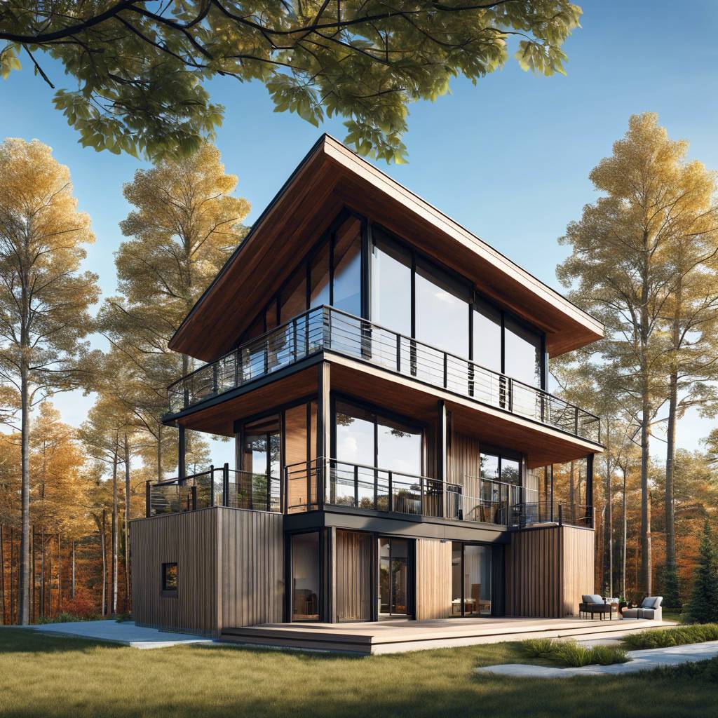 Modern multi-story house with glass panels in serene woodland setting.