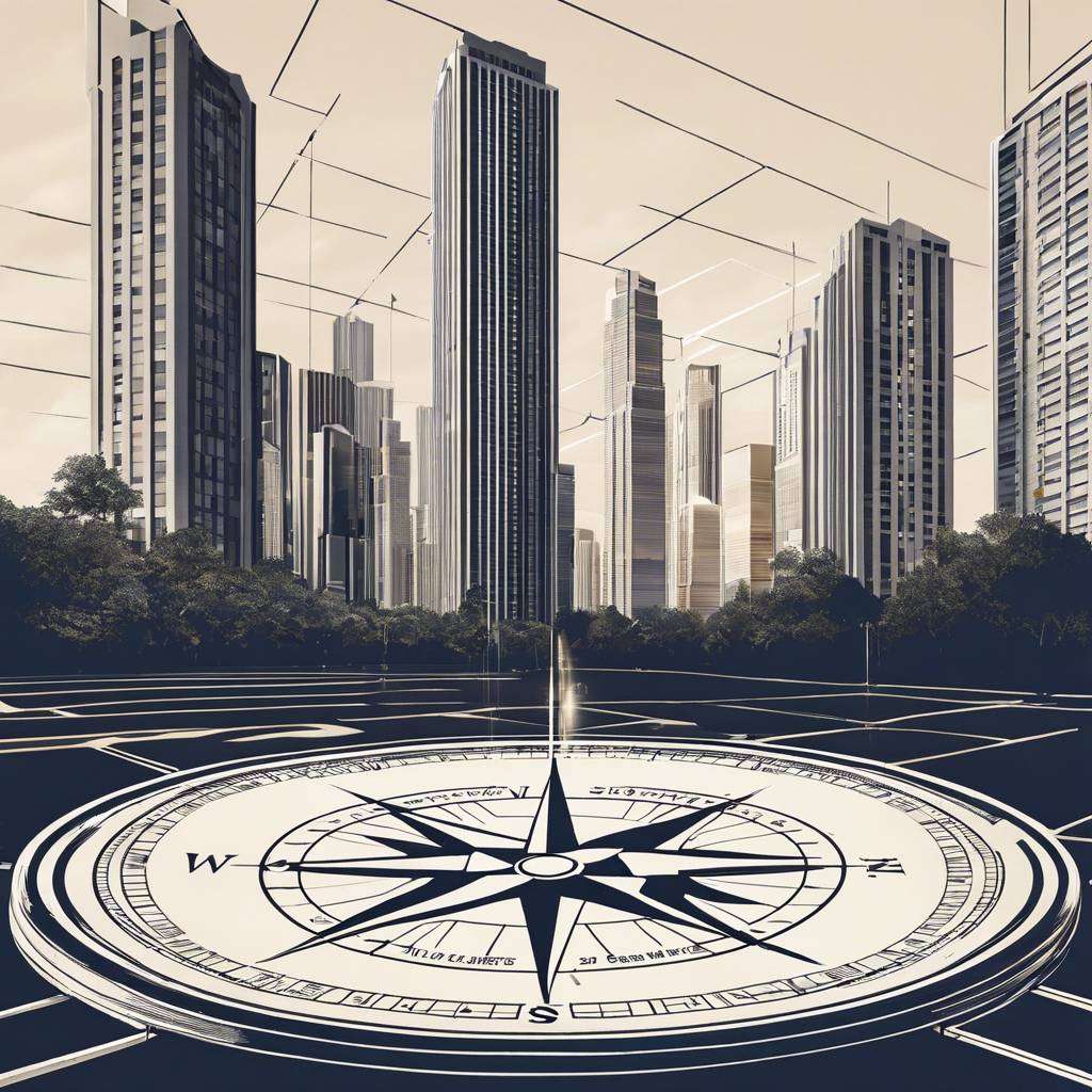 Modern Melbourne cityscape with skyscrapers, compass rose, plaza, and geometric patterns.