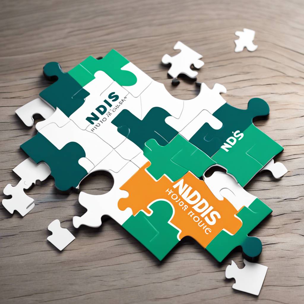 Partially completed NDIS jigsaw puzzle on wooden table with scattered pieces.