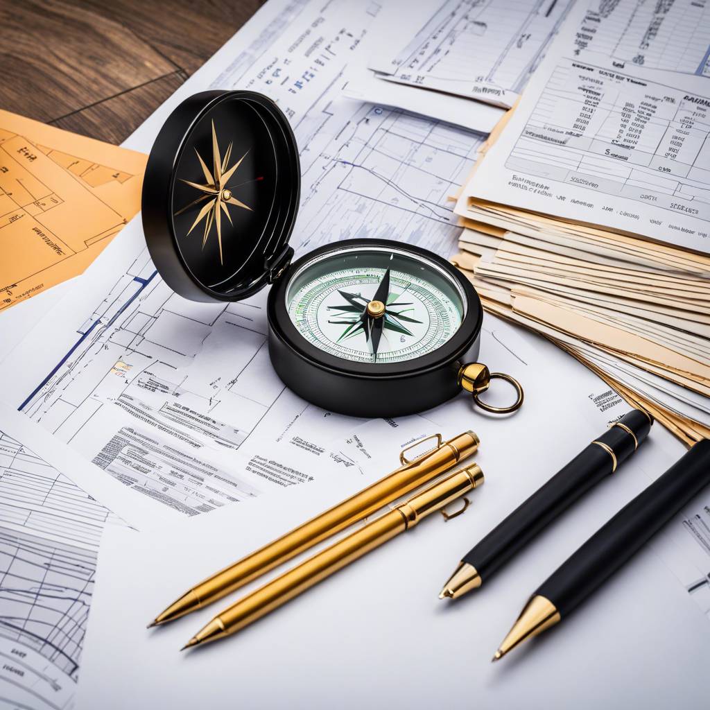 Professional workspace with compass, blueprints, pens, and documents indicating precise planning and navigation.