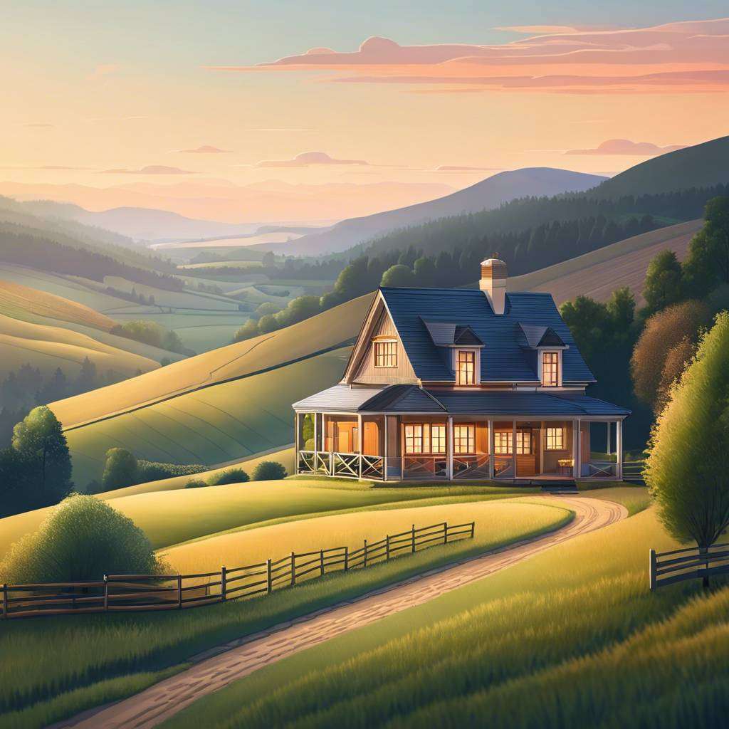 Sunset over cosy rural house in rolling hills, Victoria.