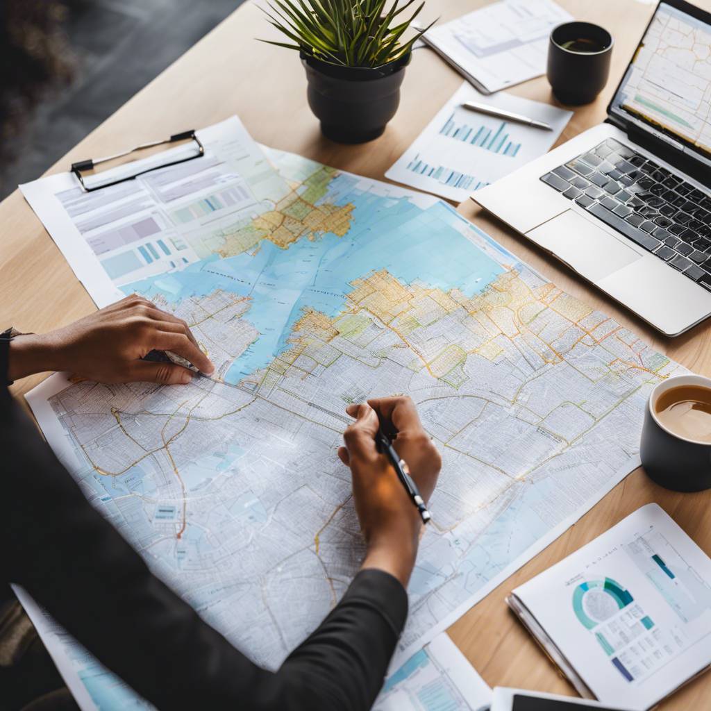 NDIS property investment planning: detailed map analysis, charts, laptop, notes, and coffee on workspace.