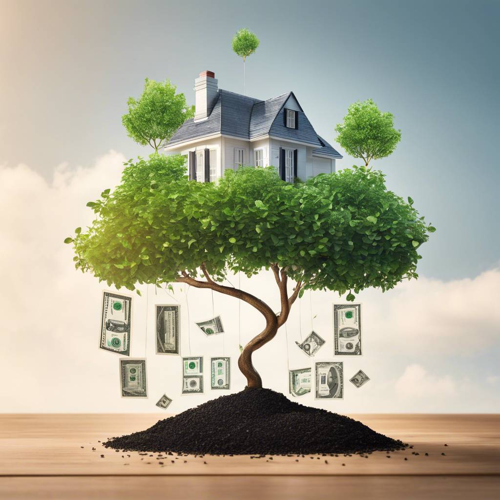 Treehouse symbolising investment growth with money and home supported by nature.