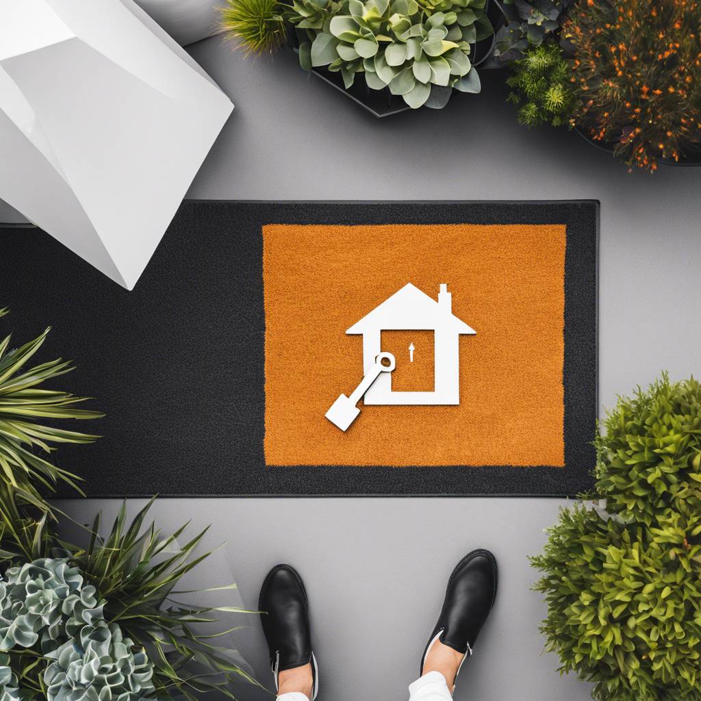Home security doormat surrounded by lush plants, modern porch in Australia.