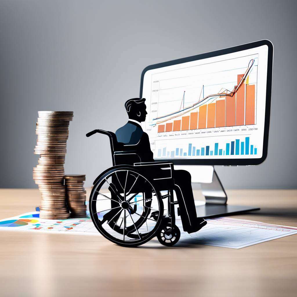Person in wheelchair analyzing financial data on computer with coins on desk.