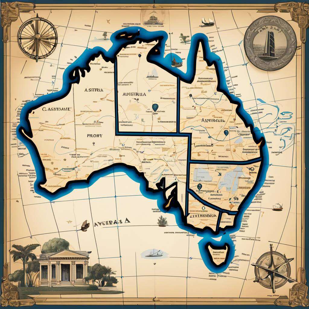 Vintage Australia map with sepia tones, state borders, cities, and maritime symbols.