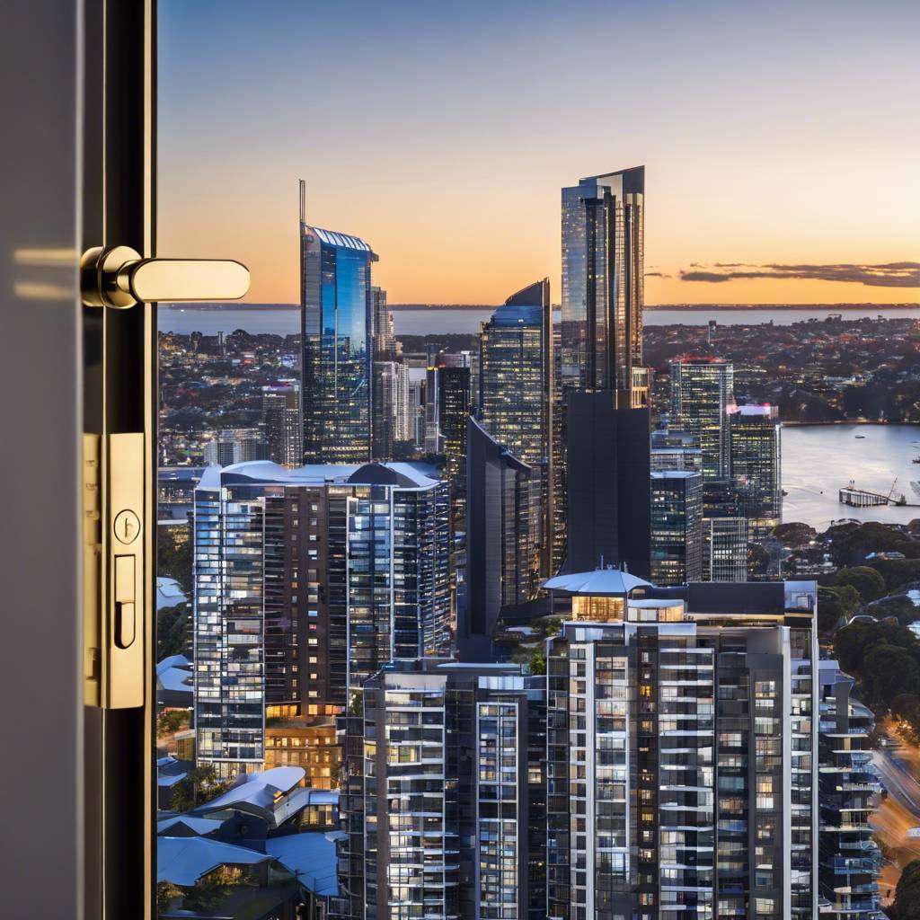 Modern Sydney cityscape at dusk viewed through an open window, featuring high-rise buildings and water.