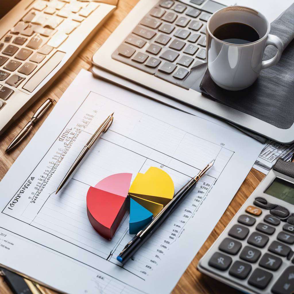Organized financial workspace with report, 3D pie chart, laptop, pens, calculator, and coffee mug.