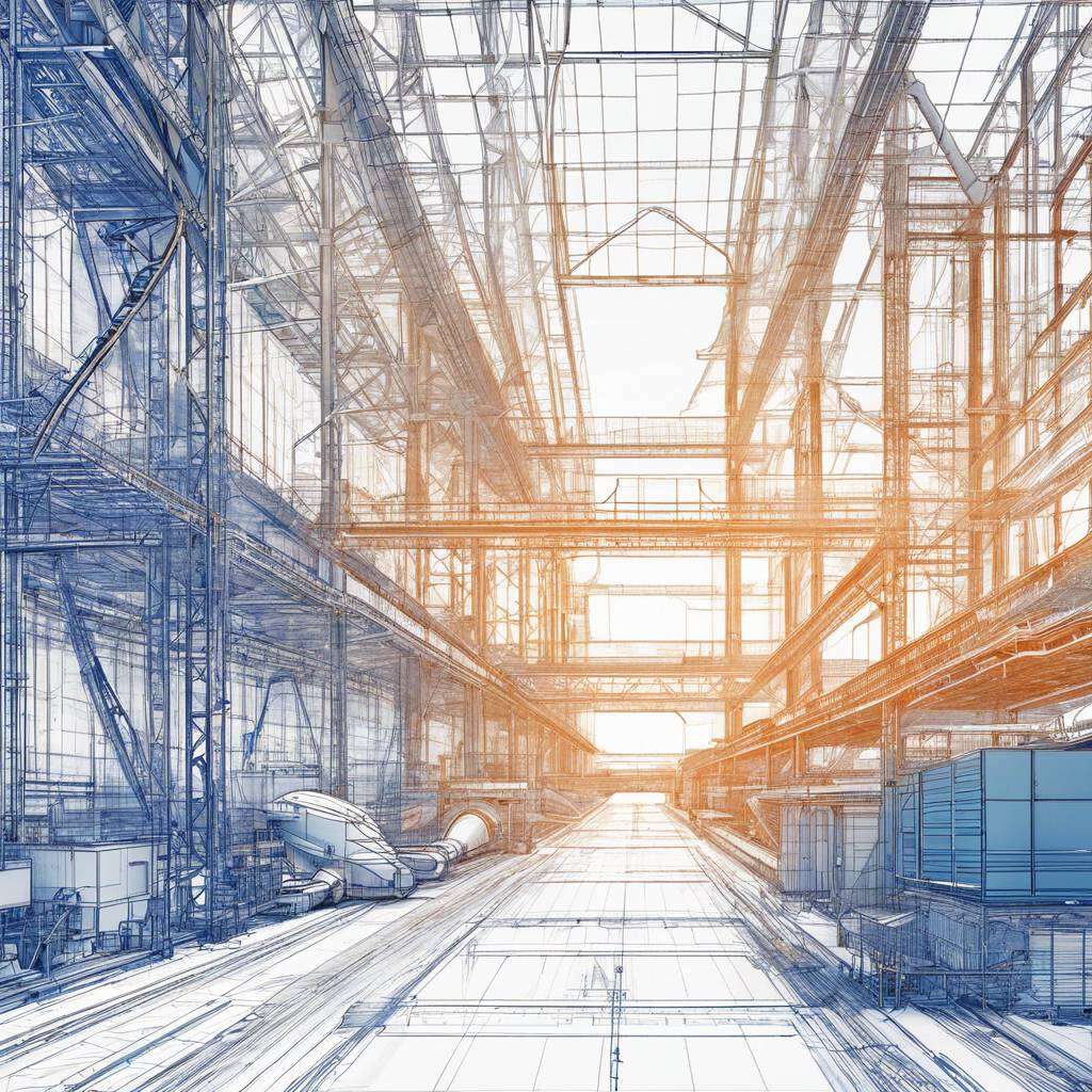 Industrial warehouse rendering with steel framework and machinery, highlighting construction and investment opportunities.