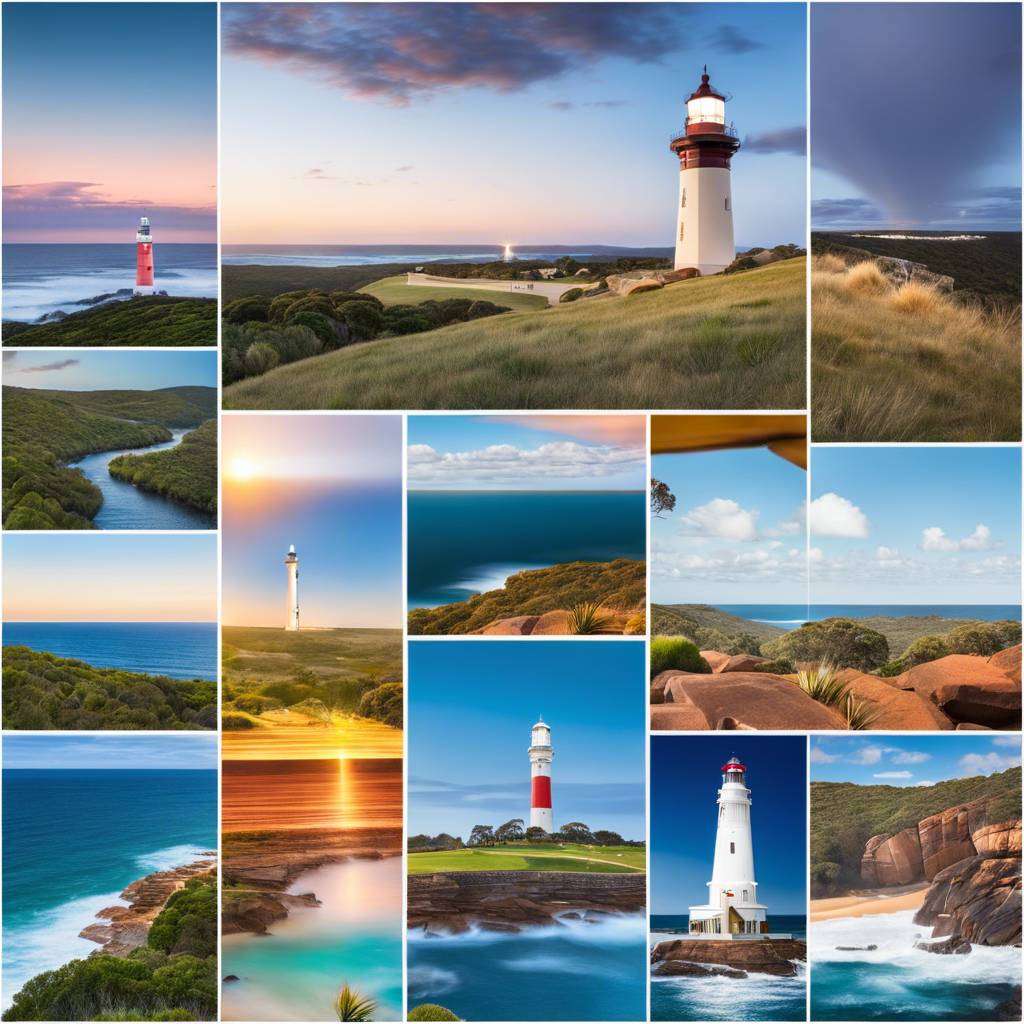 Lighthouse collage: coastal landscapes, rocky shorelines, dynamic skies, lush greenery.