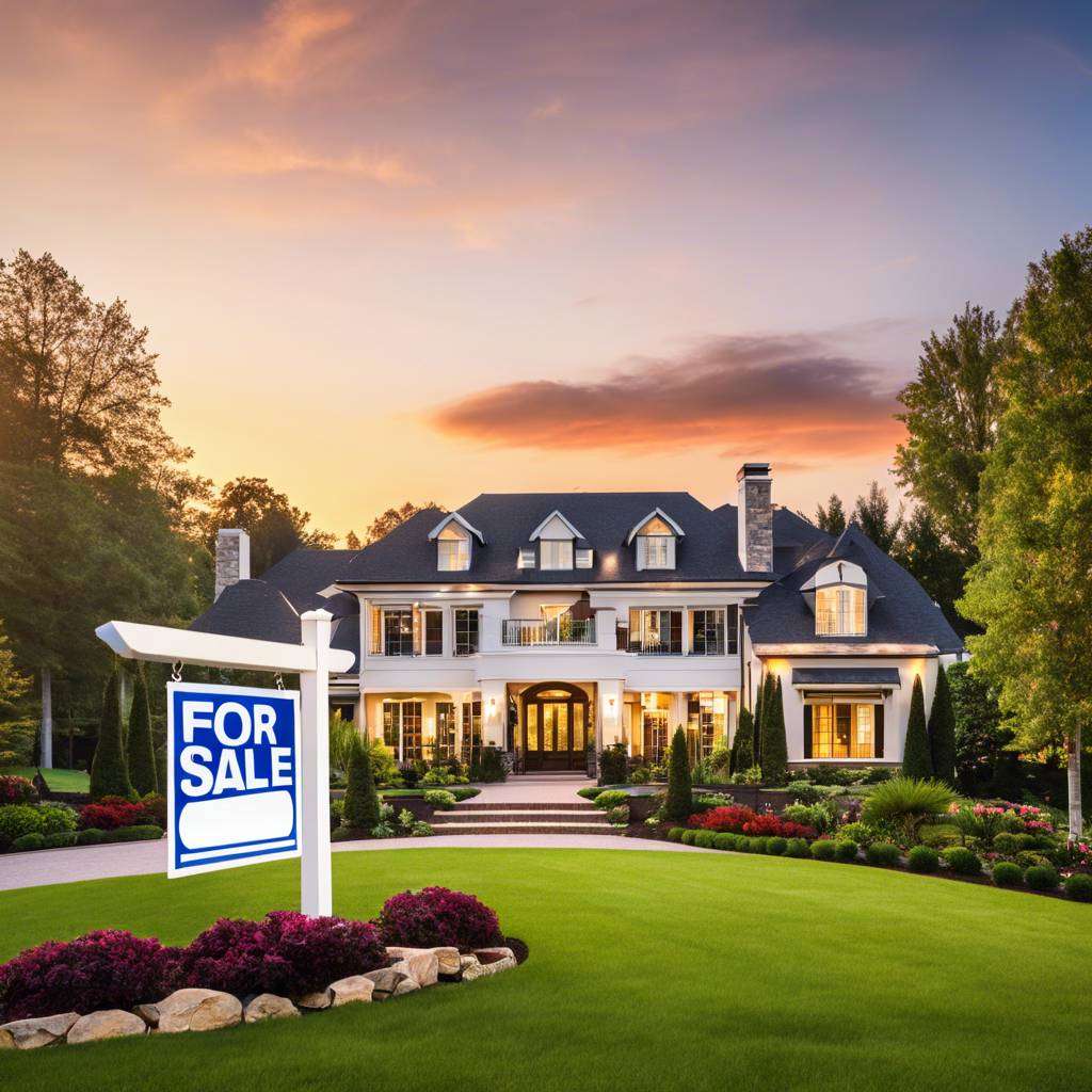 Grand multi-storey home for sale at sunset with lush landscaping.
