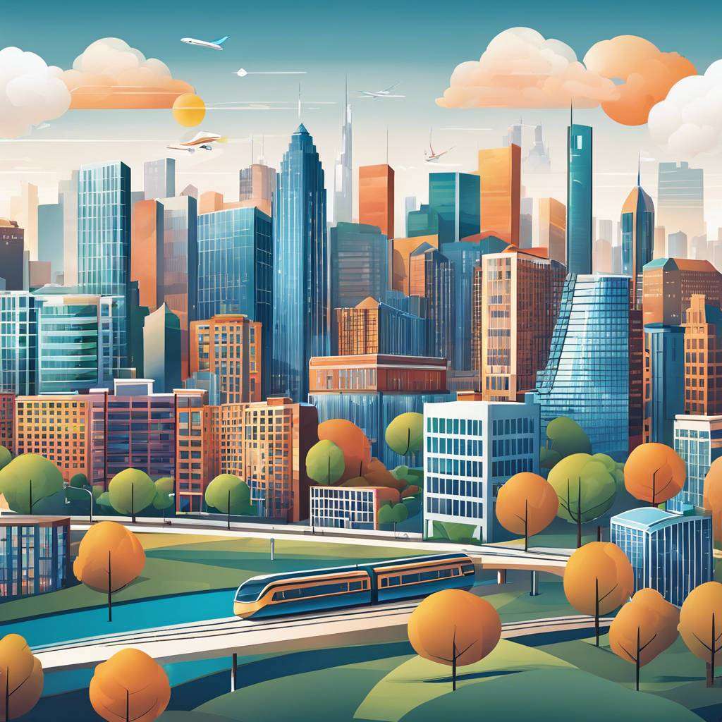 Modern Melbourne cityscape with skyscrapers, elevated train, parks, and lush green spaces.