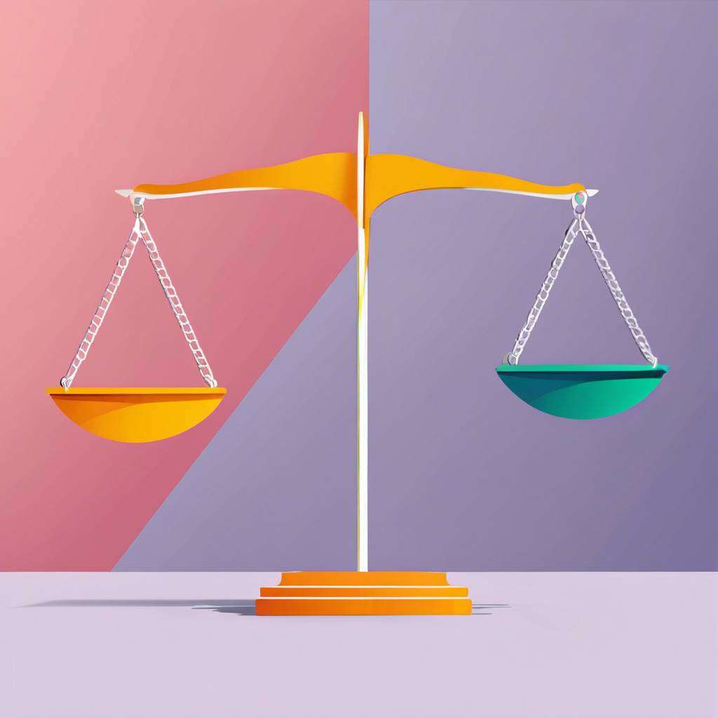 Stylized weighing scale, bright colours, imbalance, symbolizing justice and fairness.