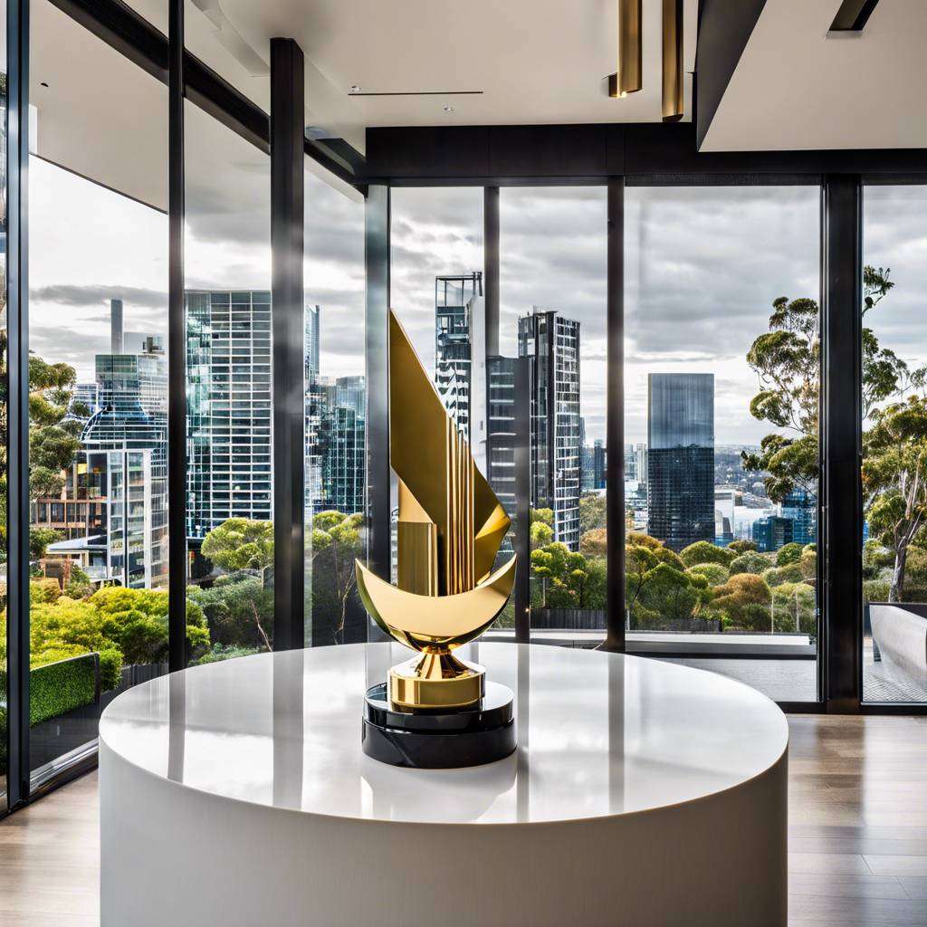Luxurious modern interior with sculpture, large windows, urban view, and sleek design.