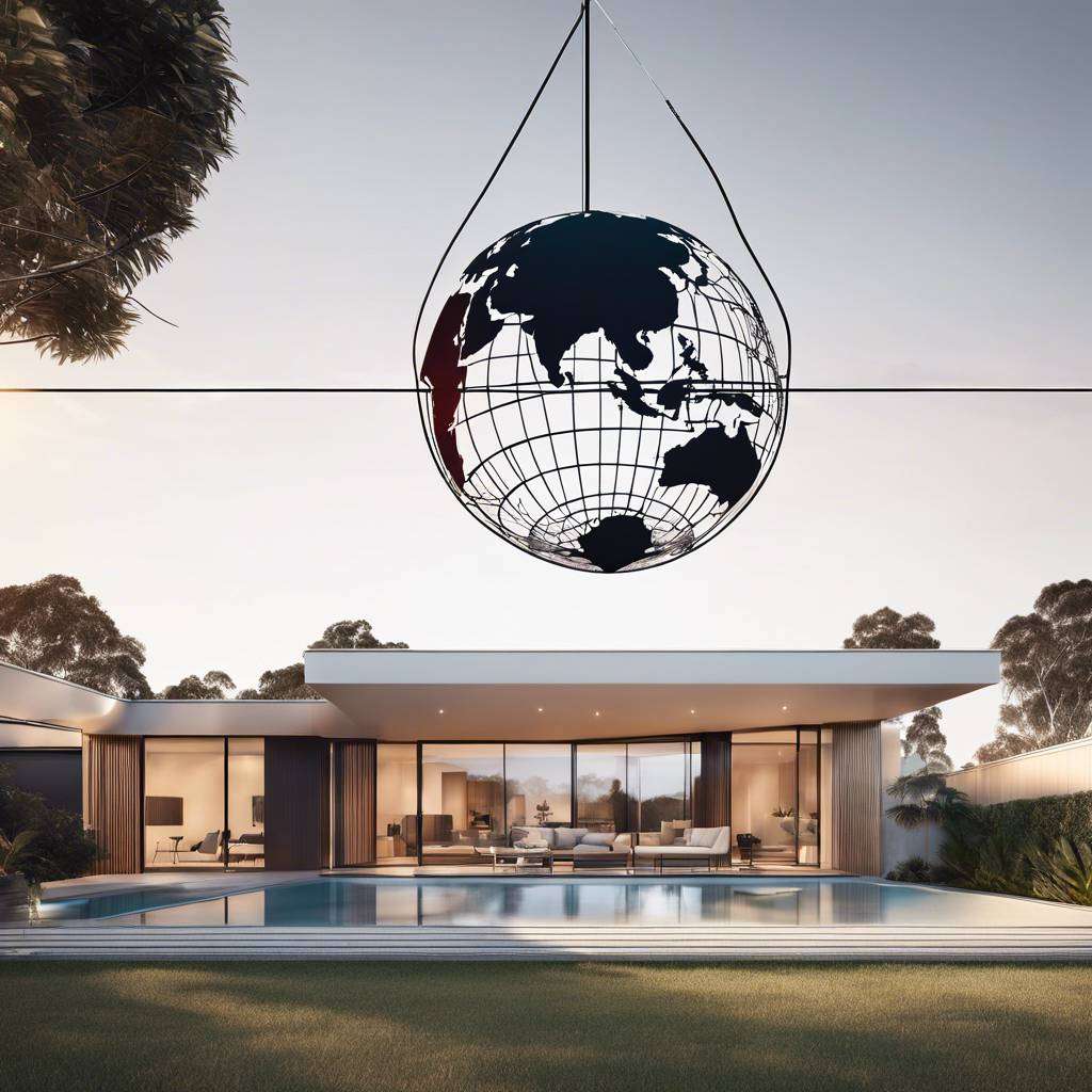 Modern Australian home with pool, globe sculpture, and natural surroundings.