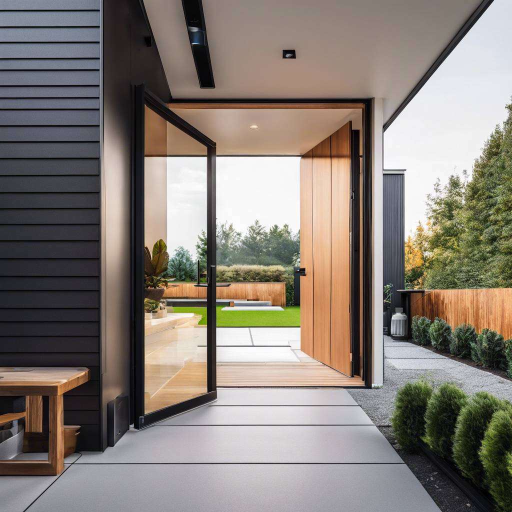 Modern minimalist house entrance with dark exterior, wooden door, and natural landscaping.