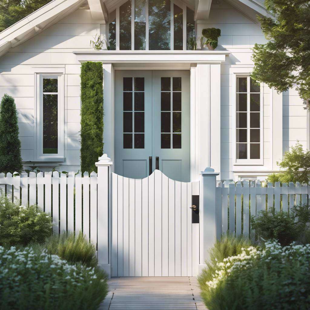 Charming suburban house entrance with pastel blue double doors and lush greenery.