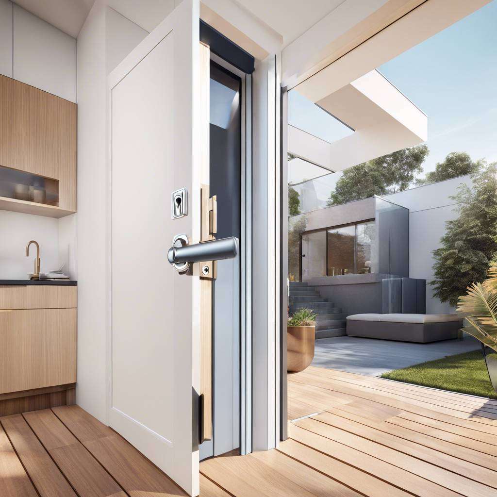 Modern indoor-outdoor space with open door, kitchen, and patio. Minimalist design and lush greenery.