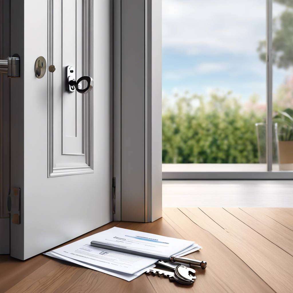 Home entrance with keys, mail, and garden view through open door.