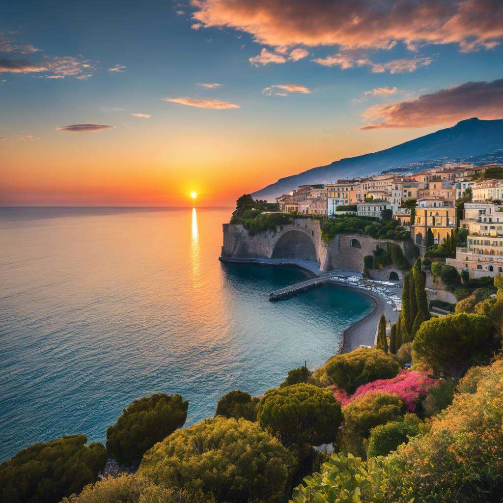 Sorrento coastal sunset with vibrant flowers and a picturesque town on cliffs.