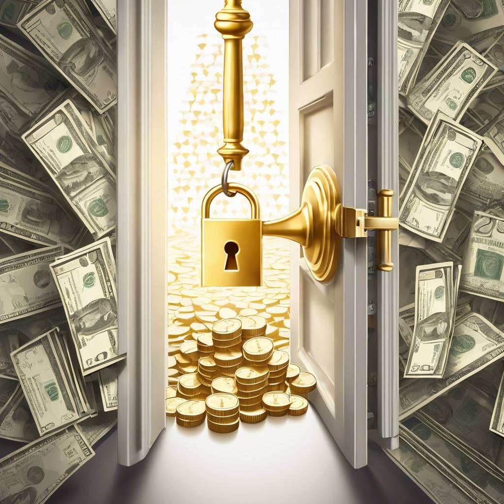 Open door with gold coins and dollar bills symbolising wealth and security.