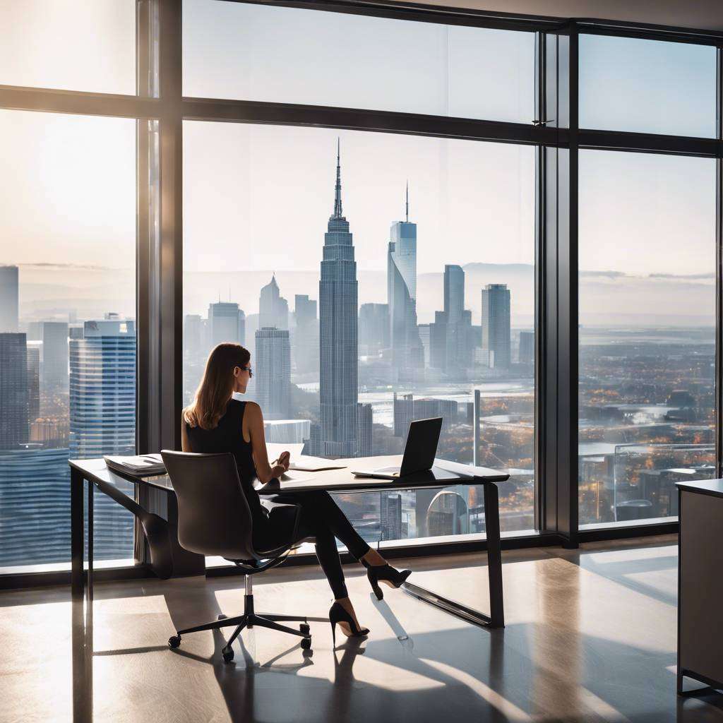 Professional woman working in modern high-rise office with cityscape view.