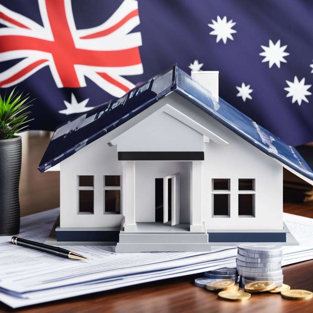 Modern Australian house model with coins, keys, plant, and flag on desk.