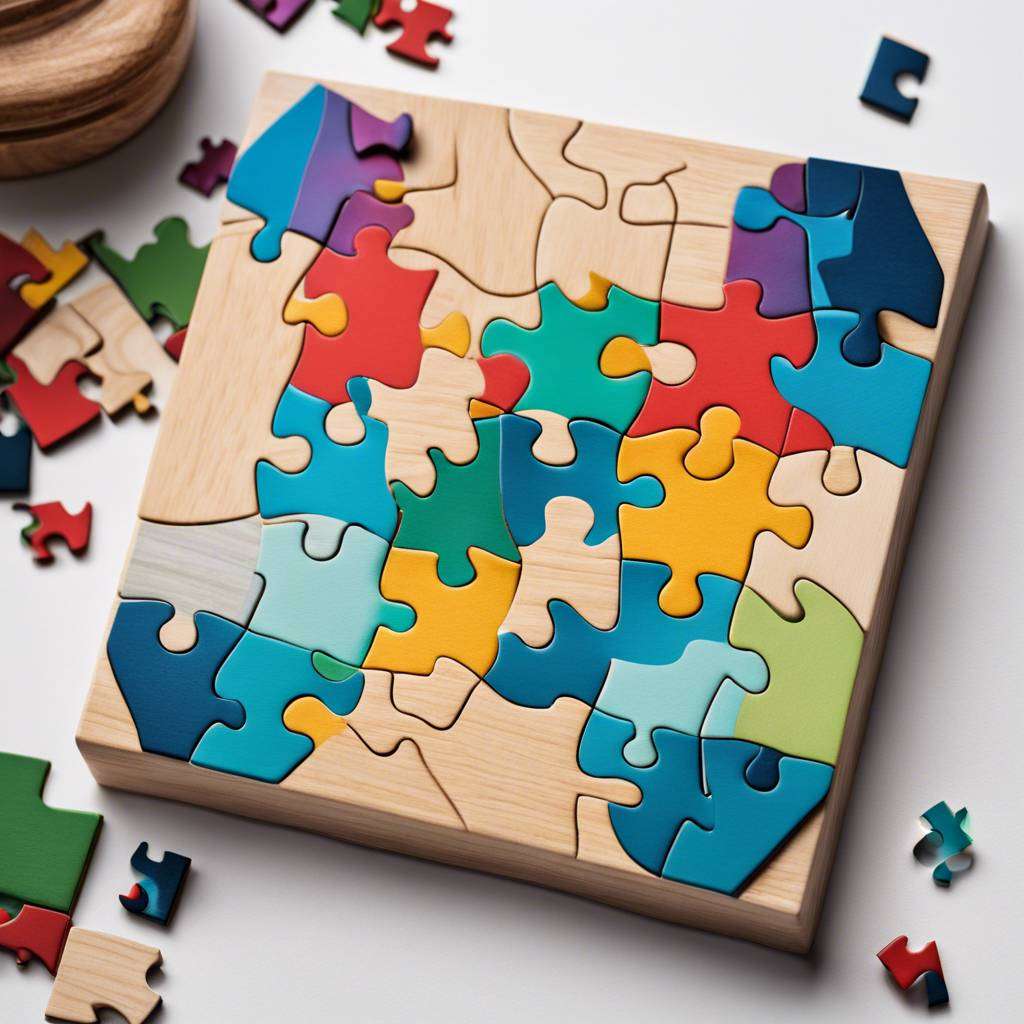 Colourful wooden jigsaw puzzle pieces on a natural finished board.