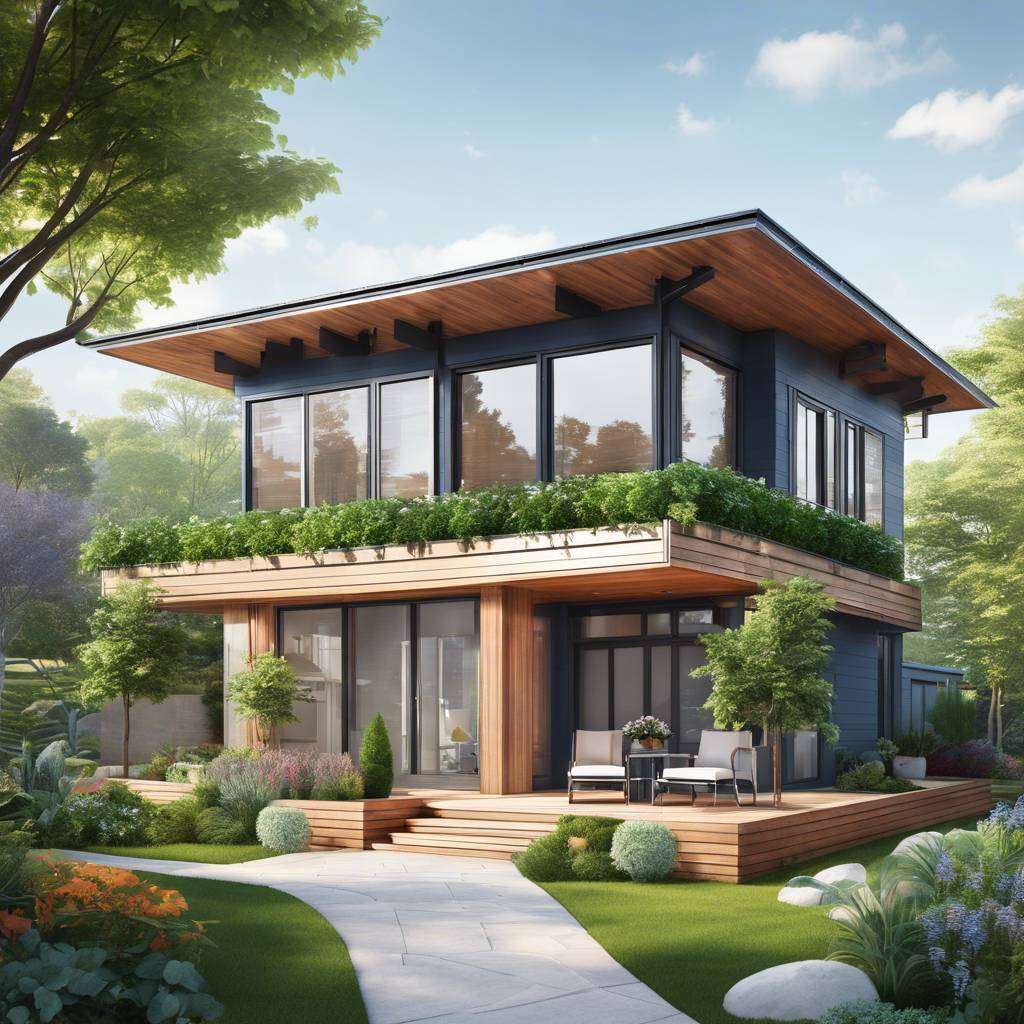 Modern two-story house with lush garden, glass windows, and green rooftop.
