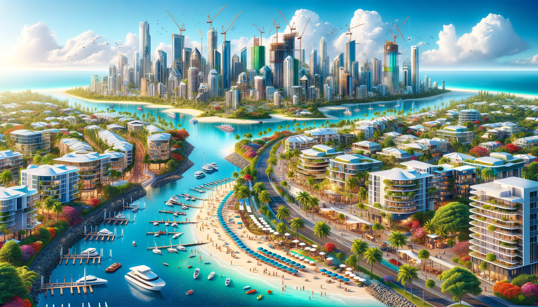Futuristic coastal city with modern architecture, lush greenery, and vibrant beach activities.