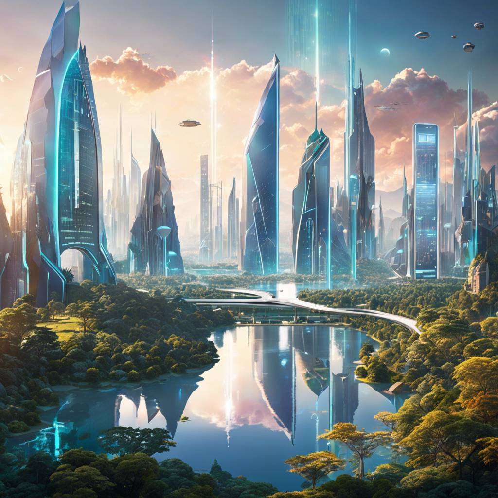 Futuristic cityscape with skyscrapers, advanced transport, and green spaces in Australia.