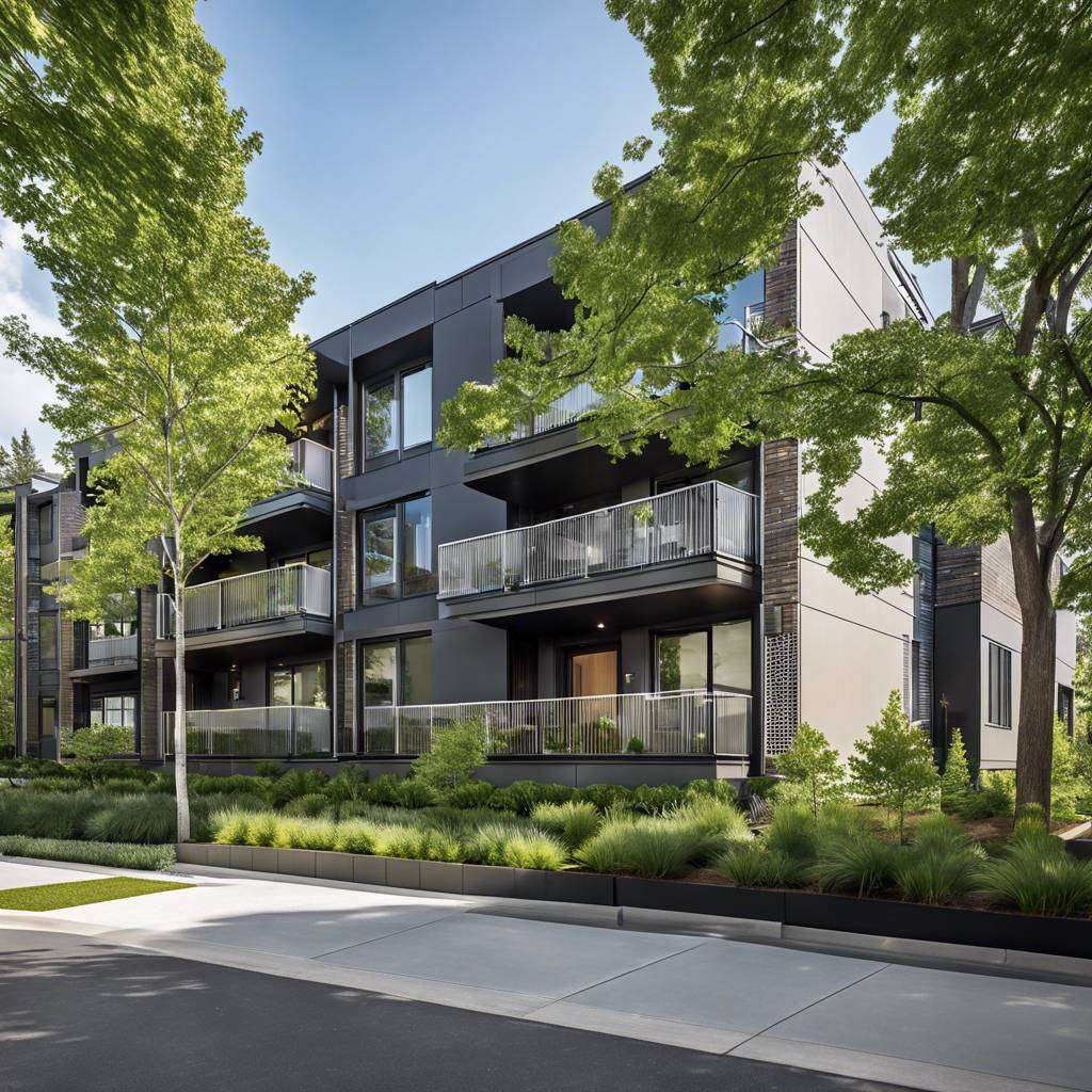 Modern apartment building with lush landscaping and mature trees on a sunny day.