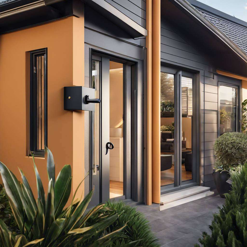 Modern Australian house exterior with orange and grey walls, lush greenery, and large windows.