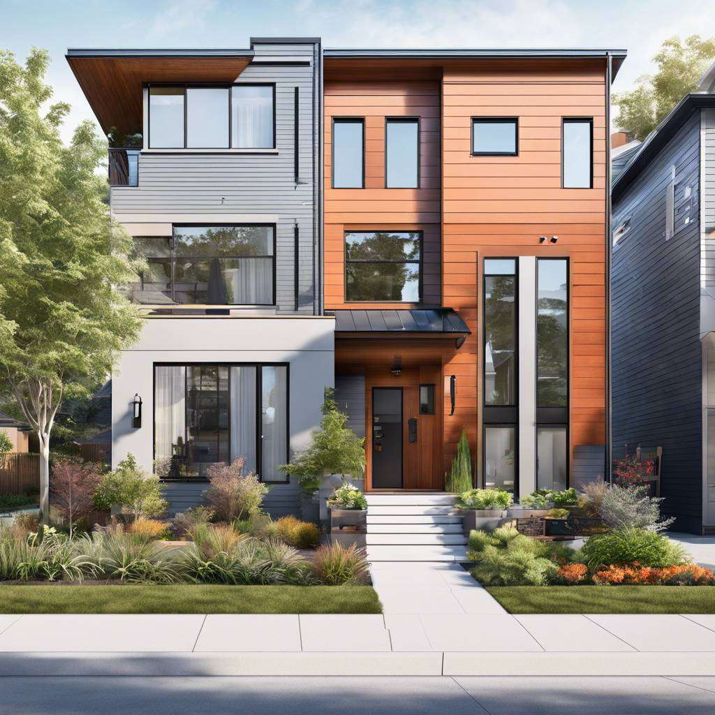 Modern two-story house with wood and metal facade, landscaped front yard.