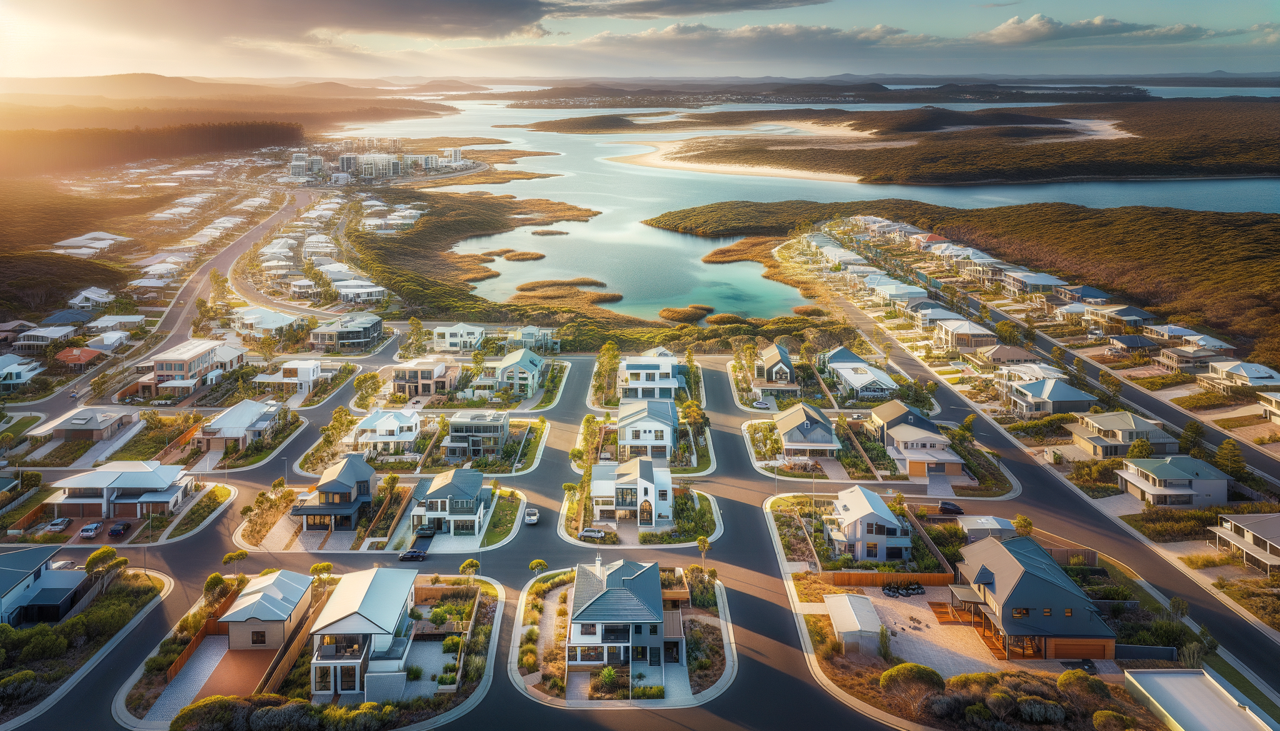 Modern coastal suburban neighborhood with vibrant gardens, serene water views, and organised streets.