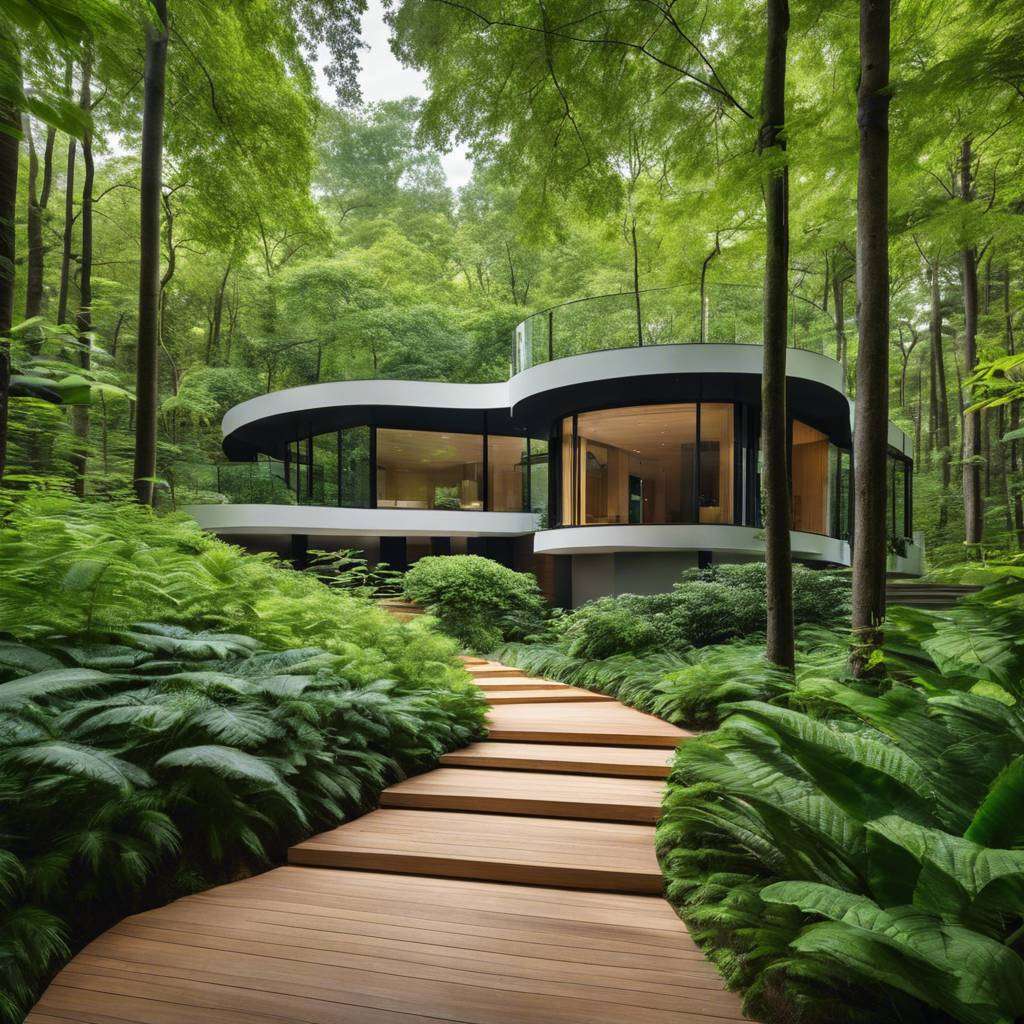 Modern forest house with curved design, large windows, wooden pathway, and lush greenery.