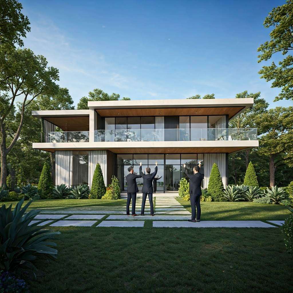 Modern house with lush landscape and celebrating individuals under a clear blue sky.