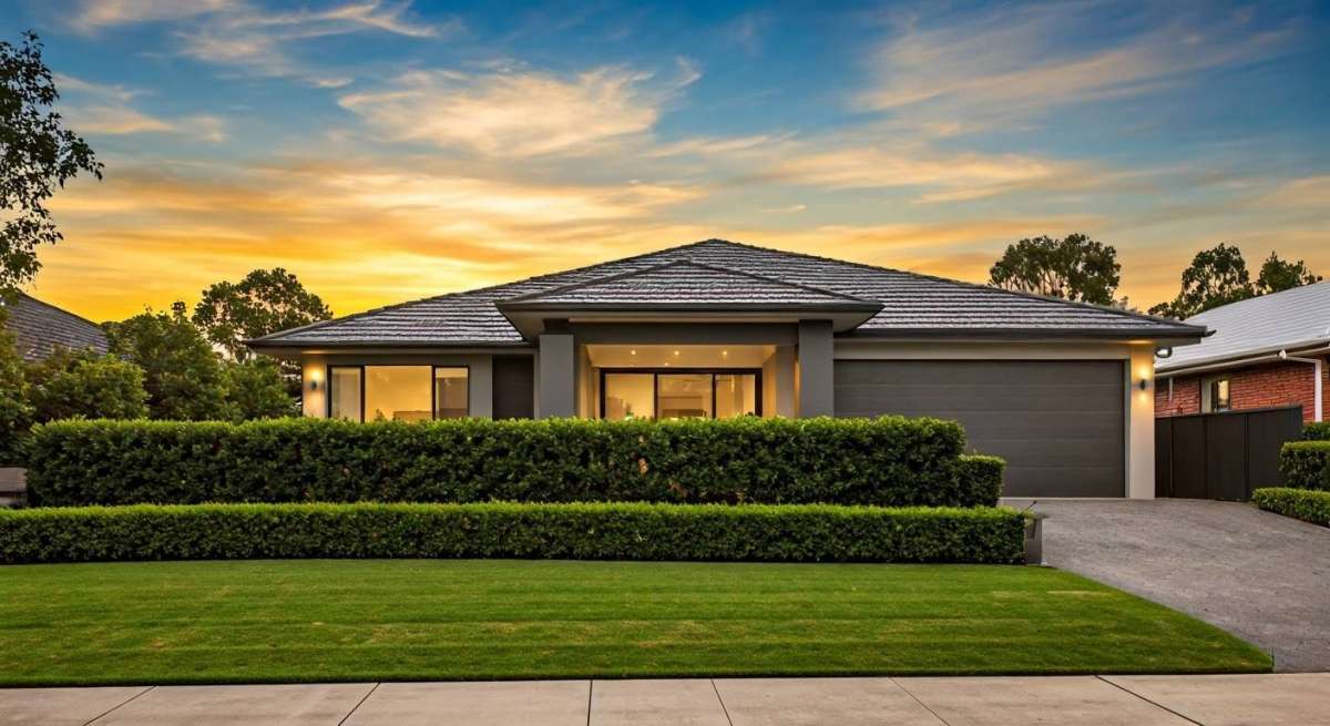 Modern single-family home at sunset with elegant design, large windows, and landscaped yard.