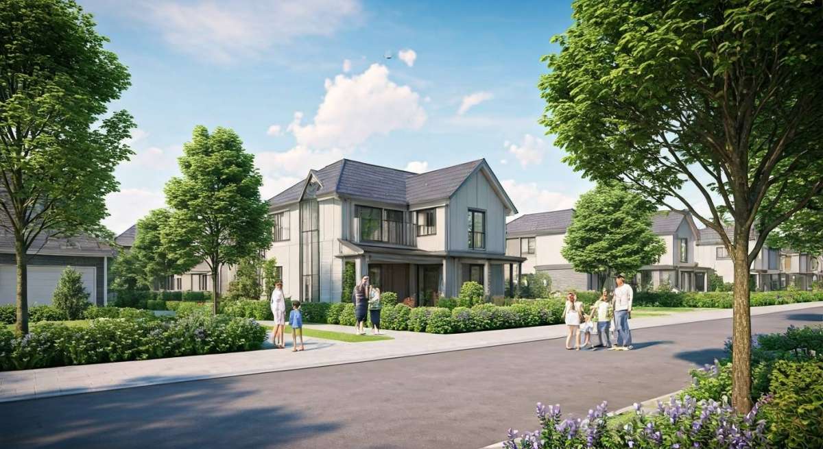 Modern suburban neighbourhood with families, lush greenery, and contemporary homes under a bright sky.