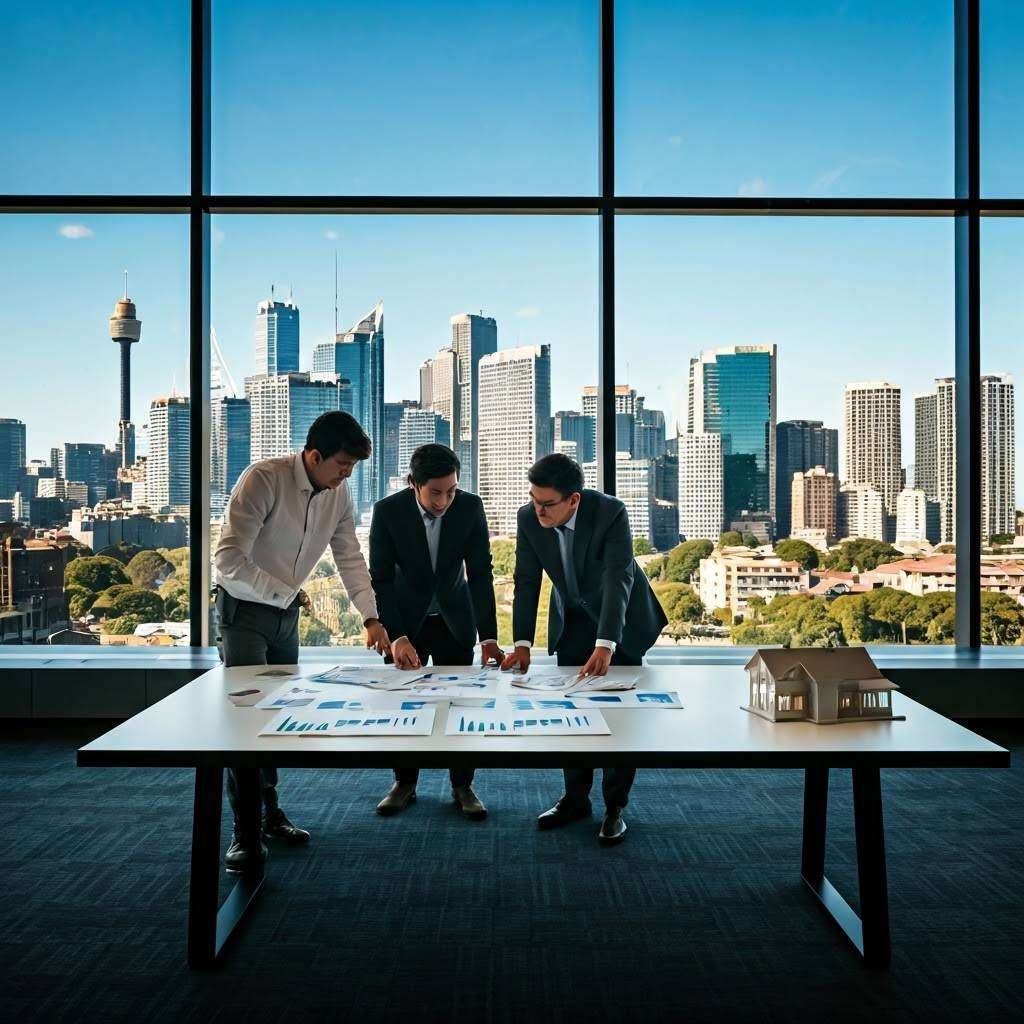 Business meeting in modern Sydney office with city skyline, discussing architectural plans.