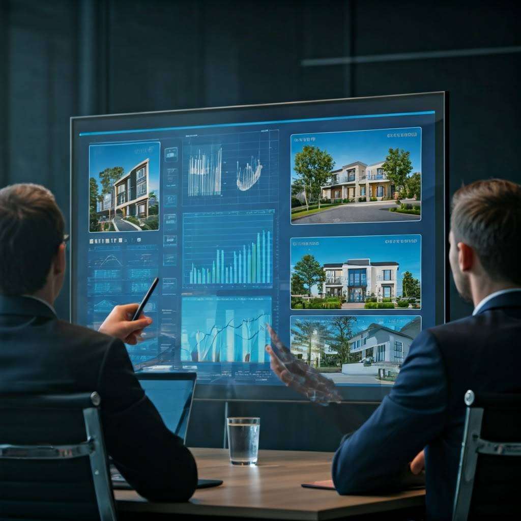 Real estate professionals discuss investment strategies using data on a high-tech screen.