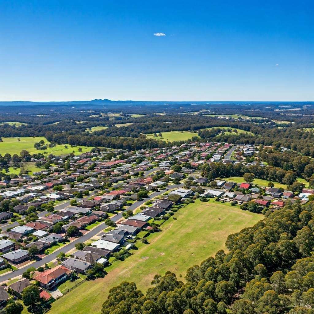 Aerial view of suburban neighbourhood with houses, green spaces, and blue sky.