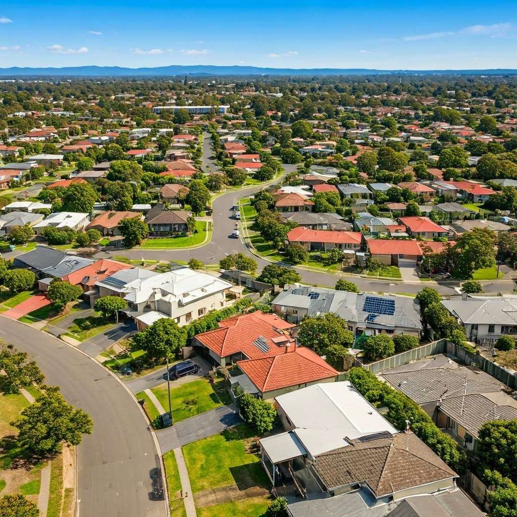 Aerial view of modern suburban neighbourhood with solar panels, greenery, and scenic landscape.