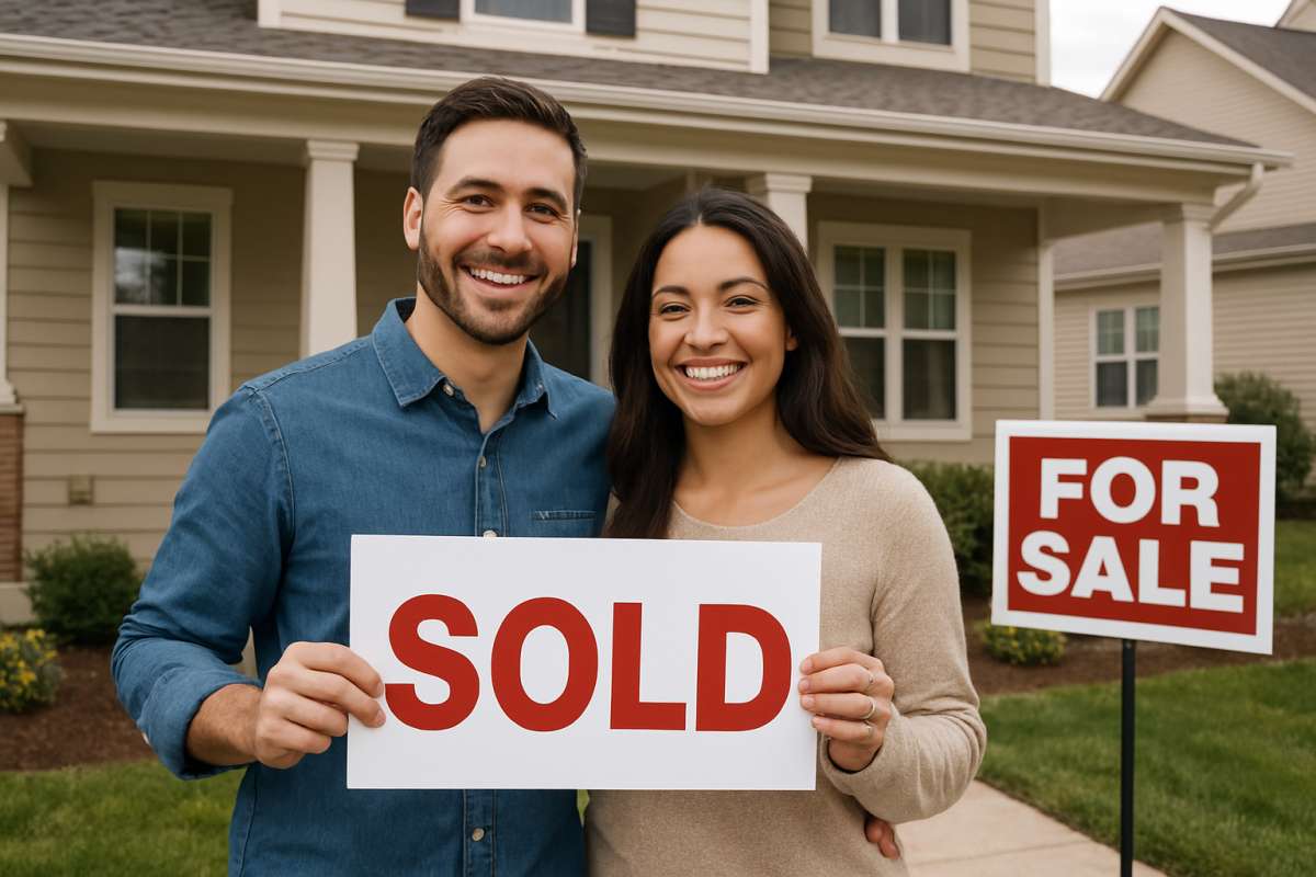 Young couple celebrating new home purchase in front of house with SOLD sign.