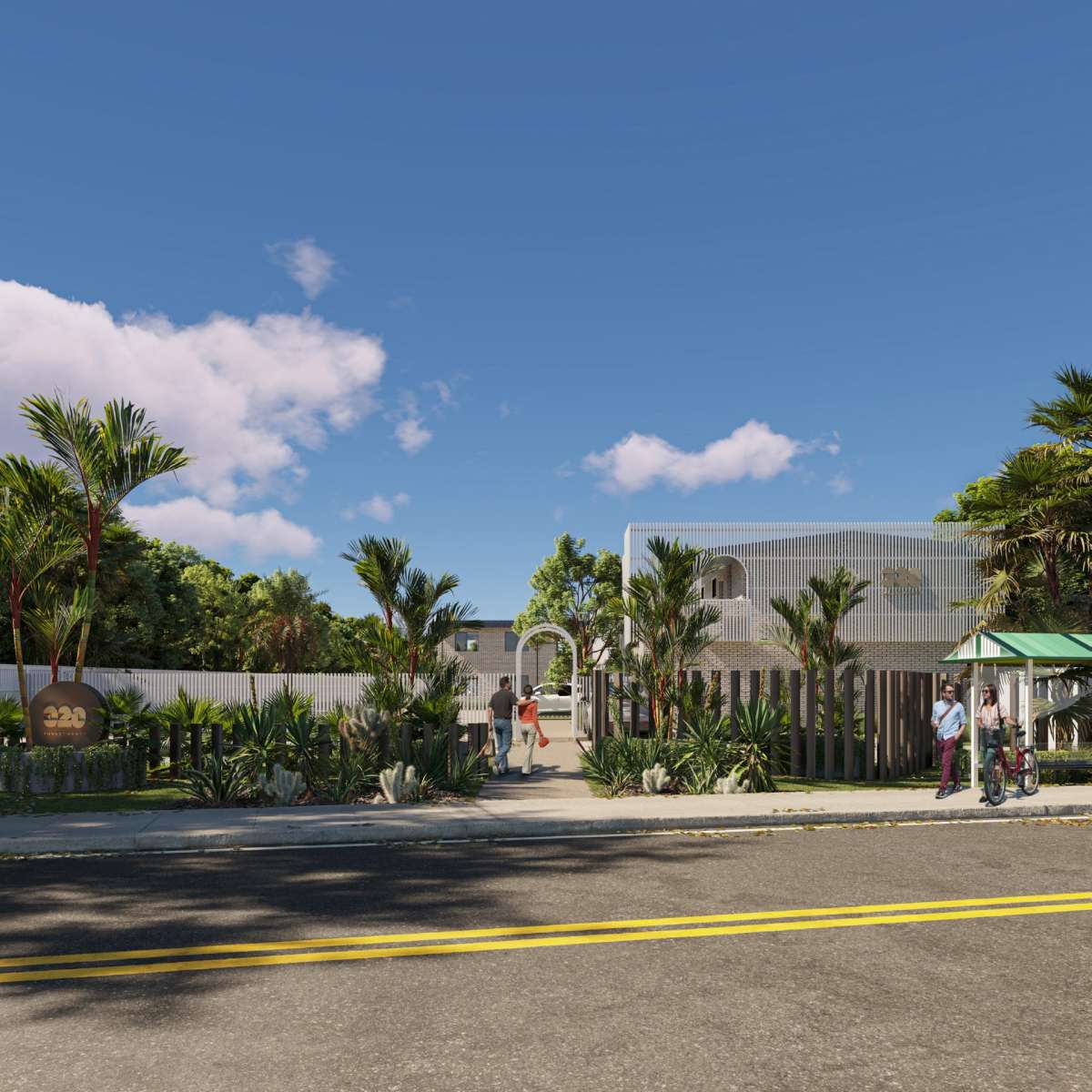 Modern tropical architecture with lush greenery, inviting entrance, and vibrant community atmosphere.