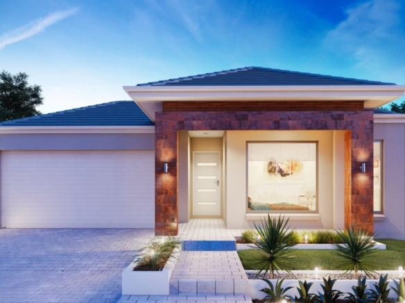 Modern Australian home exterior with blue roof, stone entrance, large window, and landscaped garden at dusk.