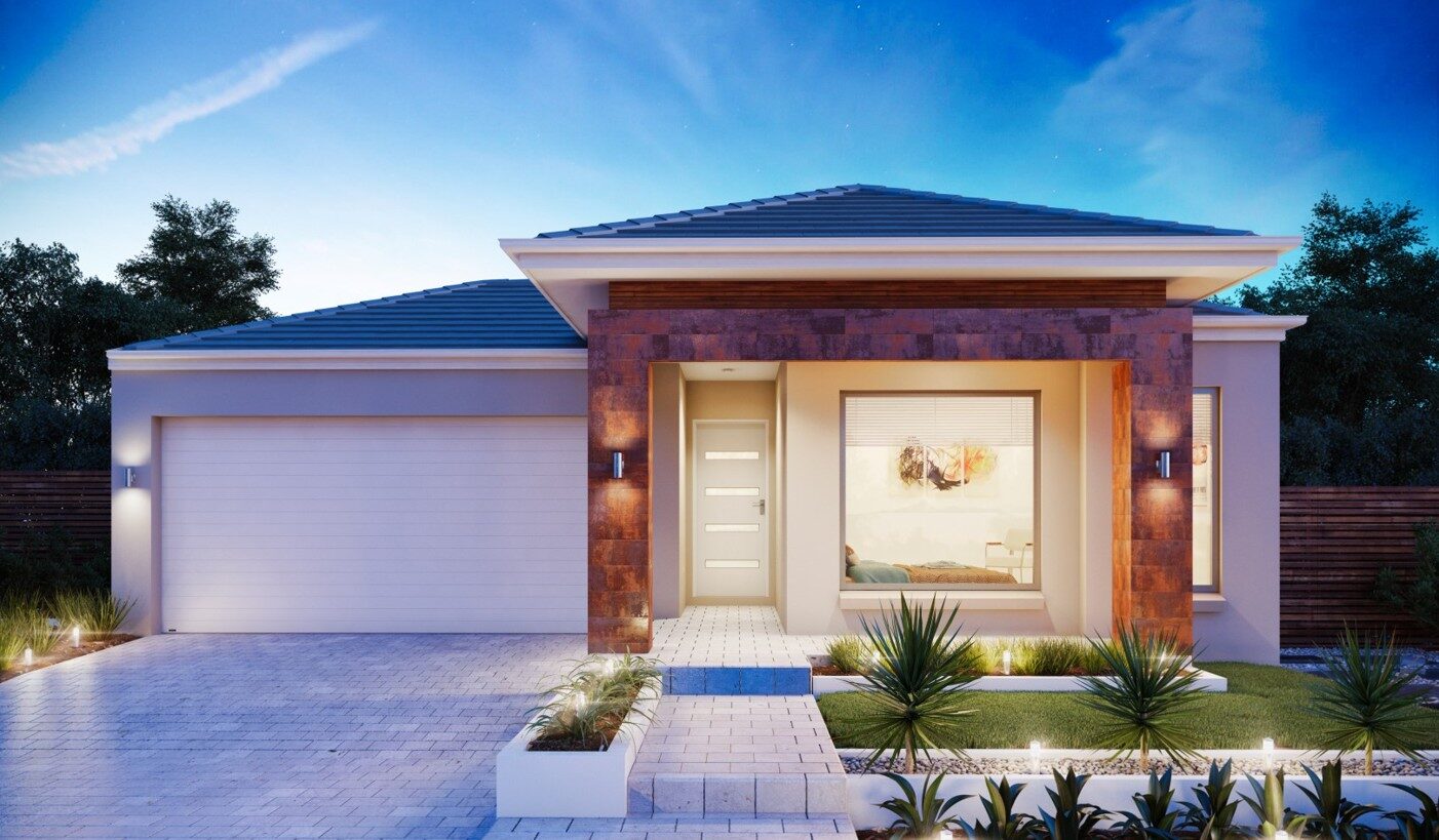 Modern Australian home exterior with blue roof, stone entrance, large window, and landscaped garden at dusk.