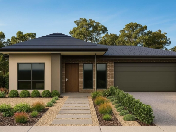 Contemporary minimalist house with modern design, wooden door, garage, landscaped garden in peaceful nature.