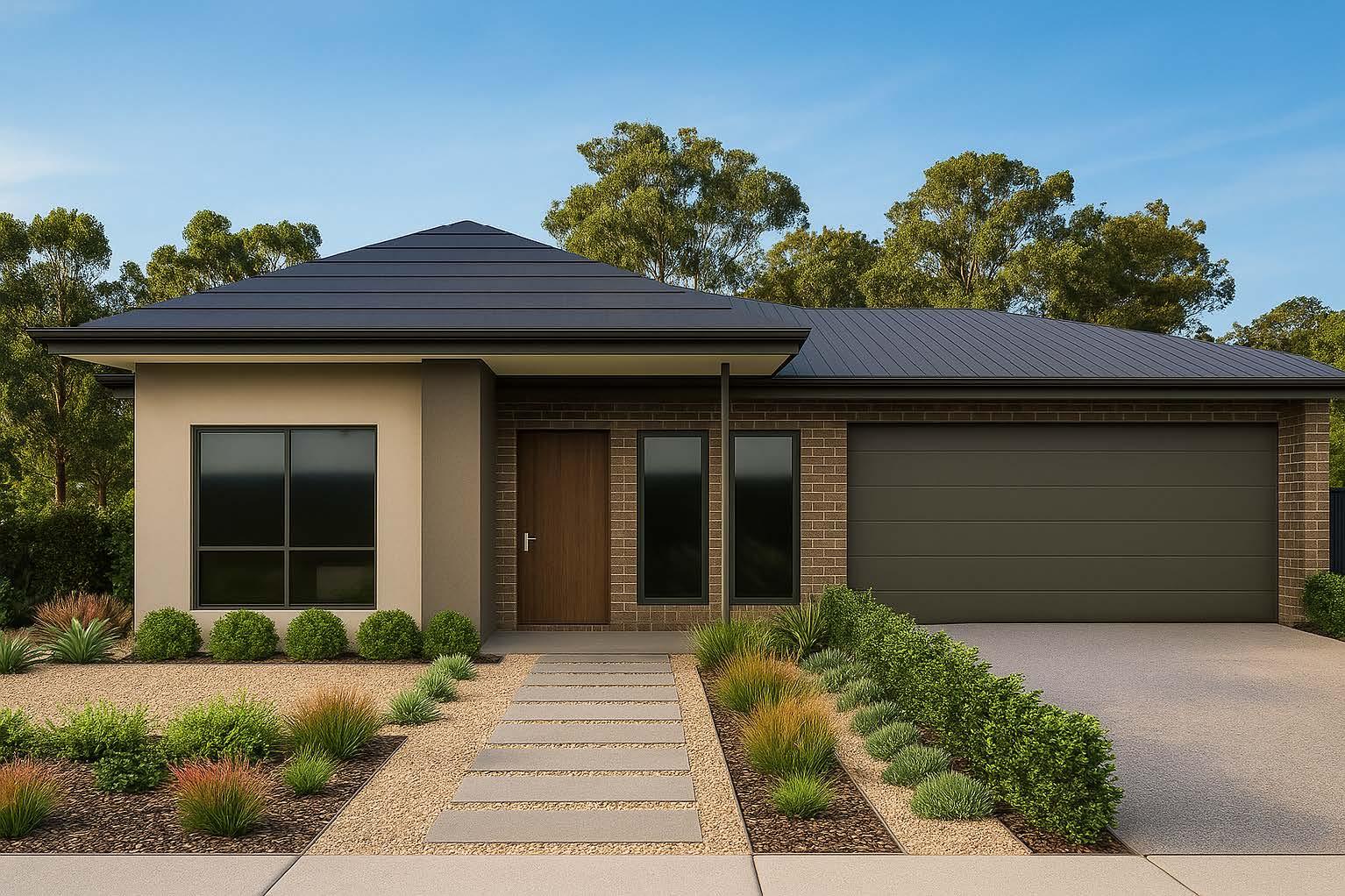 Contemporary minimalist house with modern design, wooden door, garage, landscaped garden in peaceful nature.