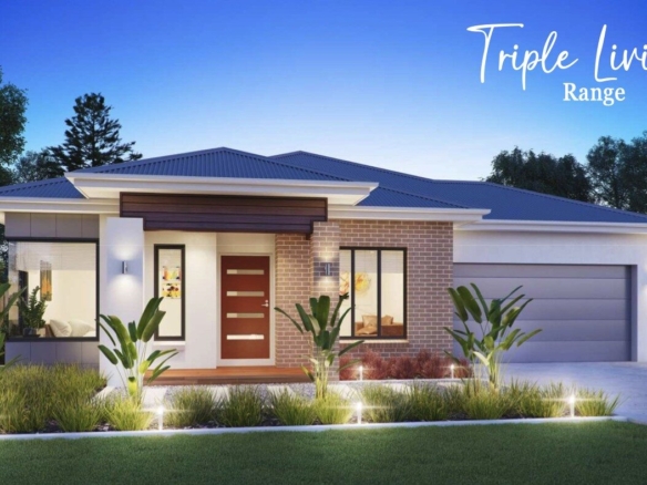 Modern single-storey home facade at twilight, Triple Living Range display with landscaping.